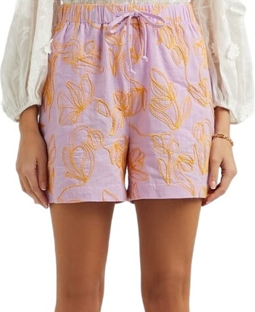 Stine Goya Danika Shorts Embroidered Orange Floral Drawstring Waist Lilac NWT L